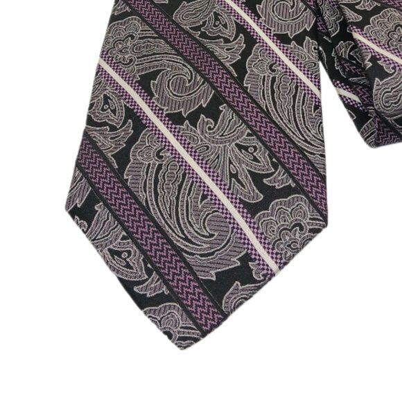 Platinum Designs Silk Tie Mens XL 66” Gray Black Paisley Chevron Stripe Wide New - Picture 1 of 3